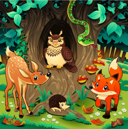 Animals in the wood. Cartoon and vector illustration. - stock vector