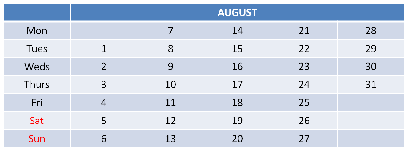 Calendar showing August