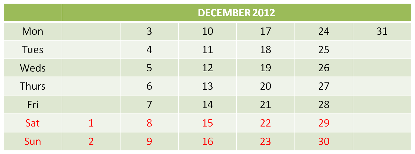 Calendar showing December 2012