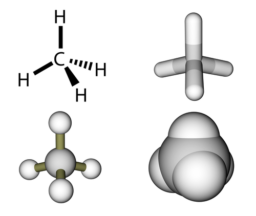 An image showing the molecule methane with one central carbon atom and 4 hydrogen atoms branching off it.