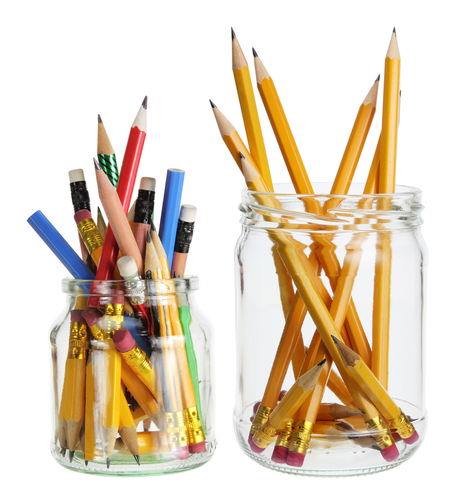 Pencils in two glass jars