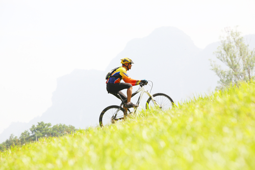 person riding a bike up a hill