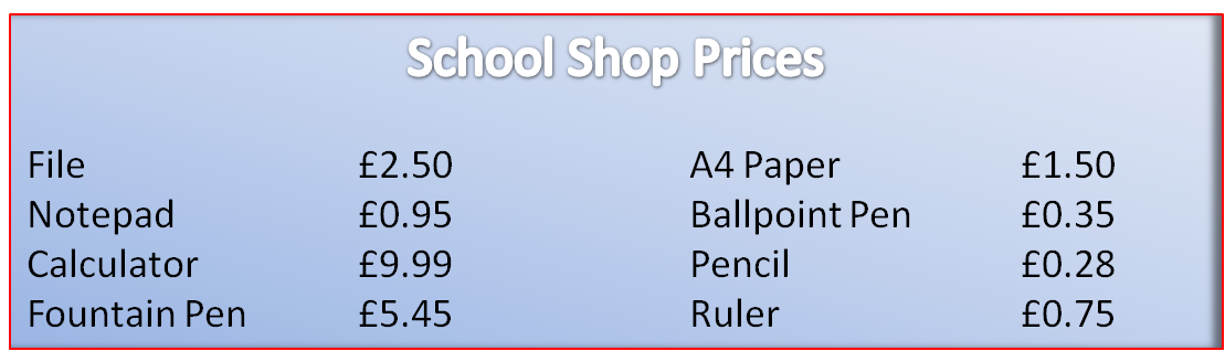 Shop prices