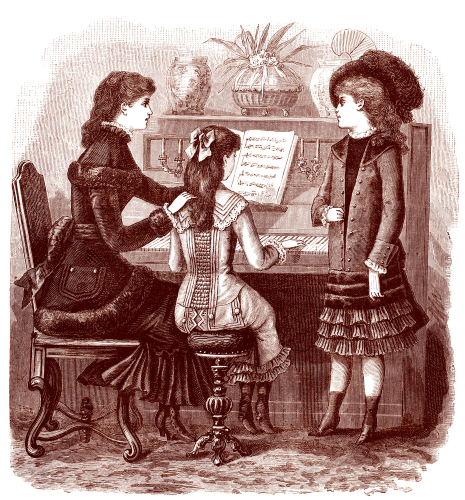 Victorian upper class family sitting around a piano