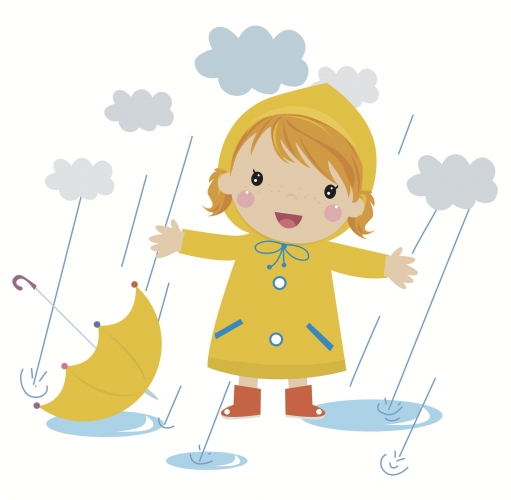 A little girl in the rain with a yellow raincoat