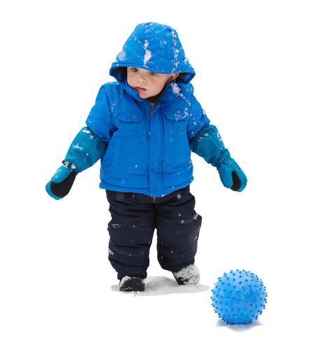 little boy wearing a blue coat with a blue ball