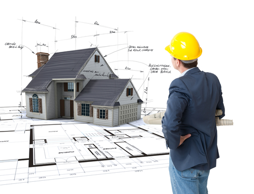 Man with hard hat looking towards house with measurements