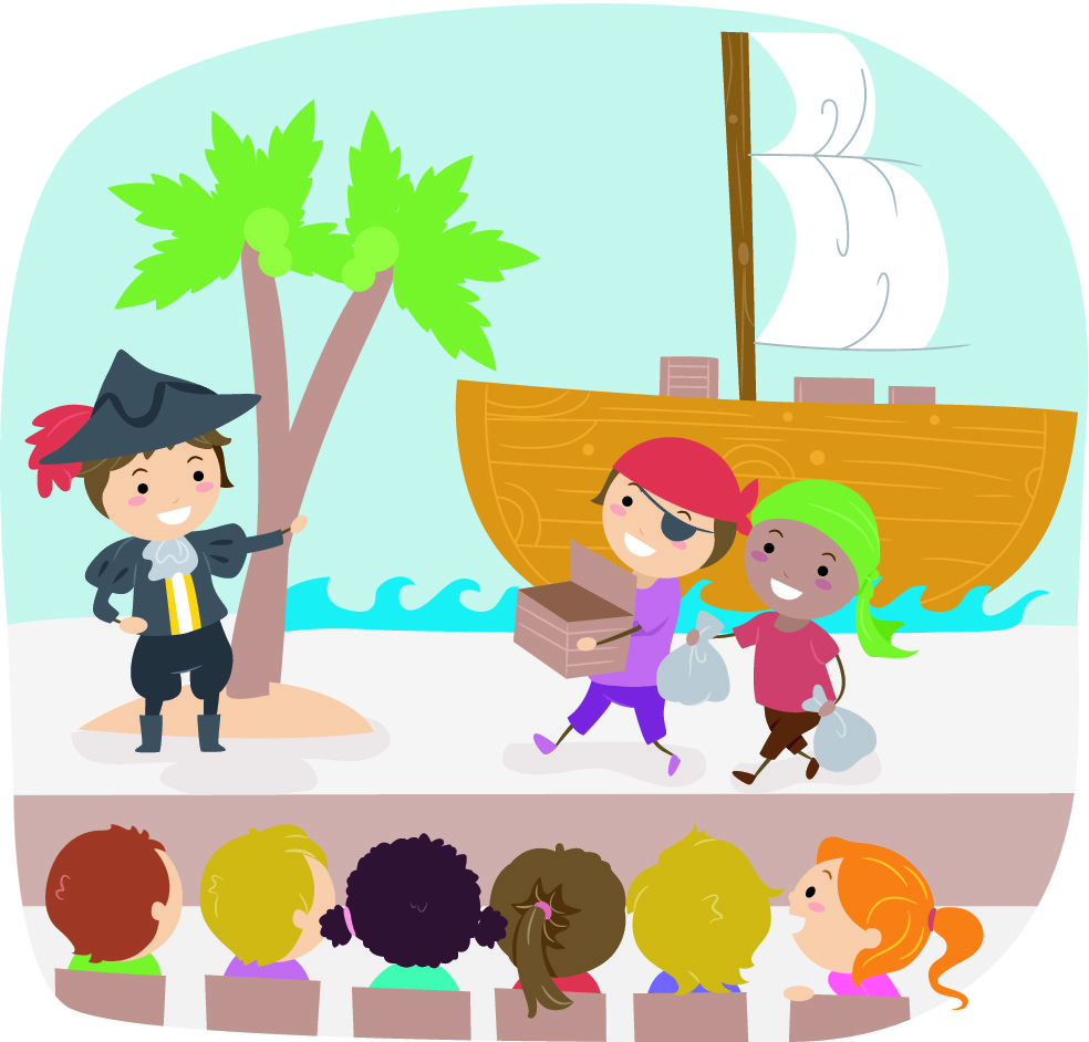 Cartoon children acting in pirate play.