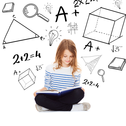 Girl sitting reading book with maths symbols floating around her head