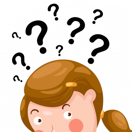 Cartoon image of a girl with questioning thoughts