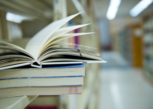 Books in a library.