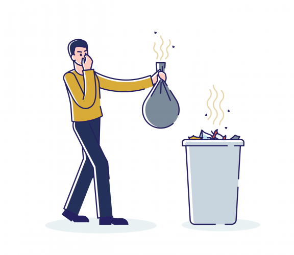 cartoon man holding nose next to smelly bin