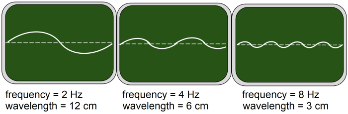 3 waves, each increasing frequency: 2Hz, 4Hz, 8Hz. Wavelengths = 12cm, 6cm, 3cm